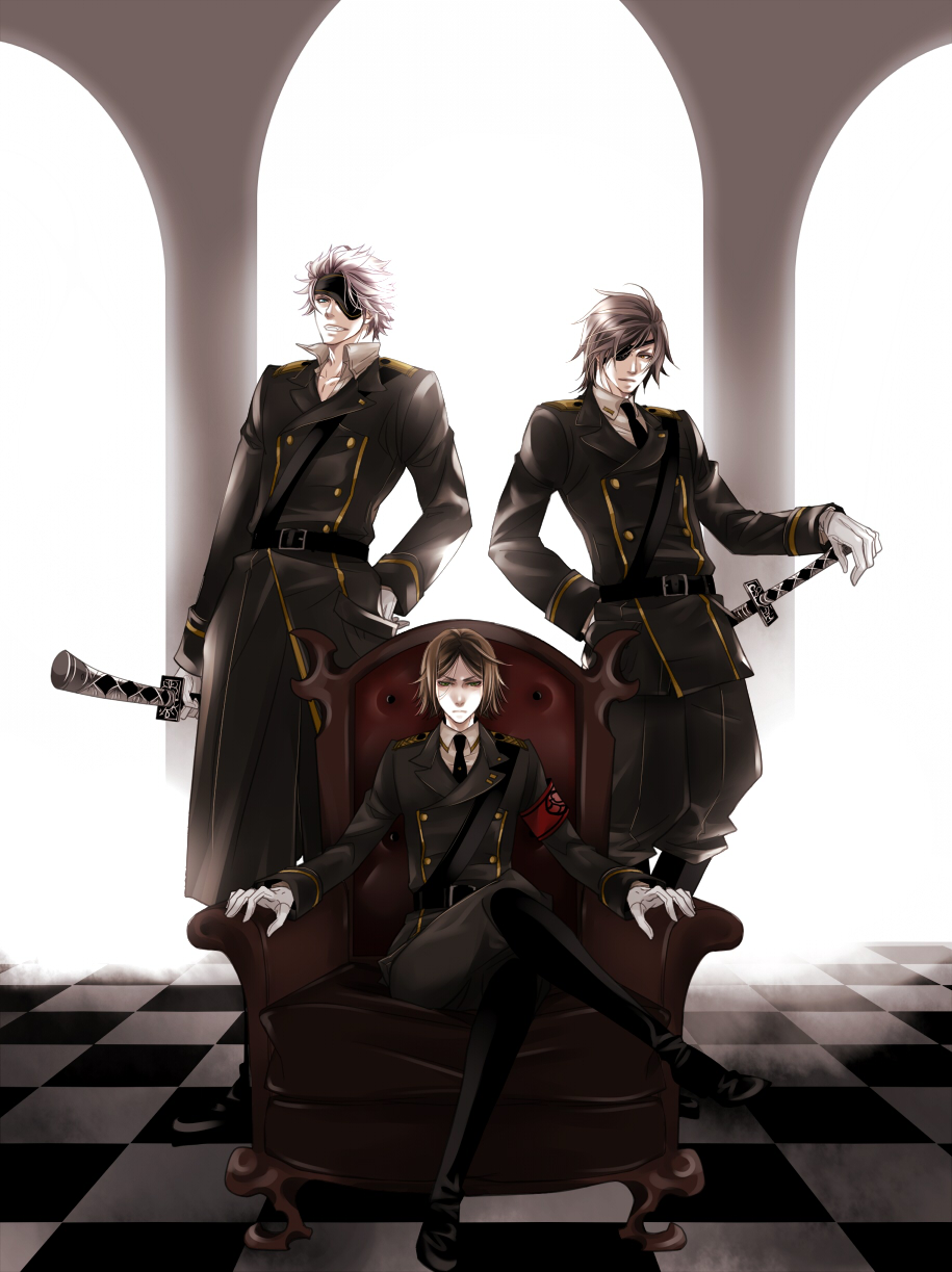 bad_id bad_pixiv_id belt brown_hair chair chousokabe_motochika_(sengoku_basara) crossed_legs date_masamune_(sengoku_basara) eyepatch grin highres male_focus military military_uniform mizuta_(dada) mouri_motonari_(sengoku_basara) multiple_boys necktie pants sengoku_basara sitting smile trench_coat uniform white_hair