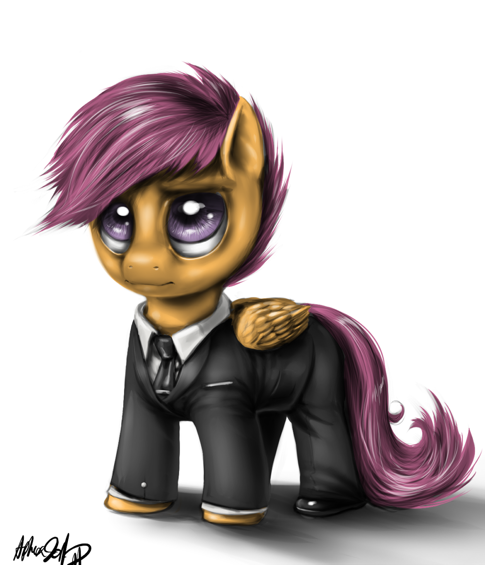 cub equine female feral friendship_is_magic hair horse mammal my_little_pony pegasus pony purple_eyes purple_hair scootaloo_(mlp) solo suit wings young
