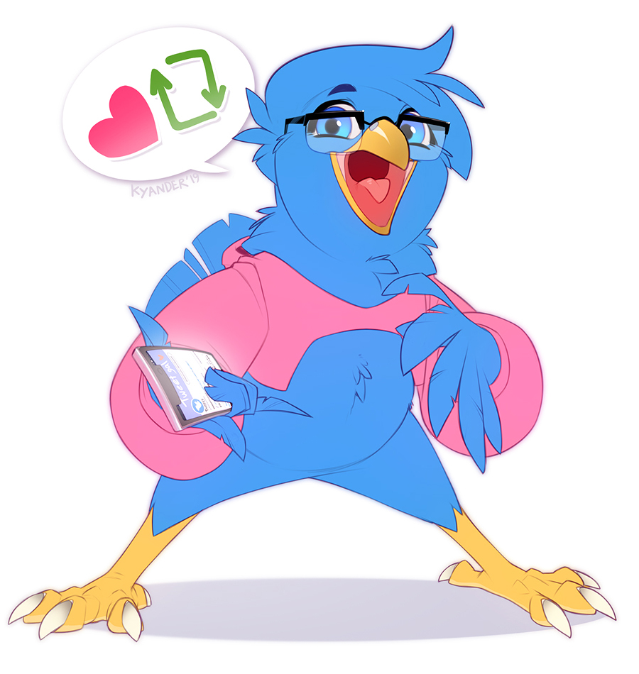 2019 ambiguous_gender avian beak bird blue_eyes blue_feathers blue_hair digital_media_(artwork) eyewear feathered_wings feathers glasses hair kyander open_mouth simple_background solo standing tongue tweetfur white_background wings yellow_beak