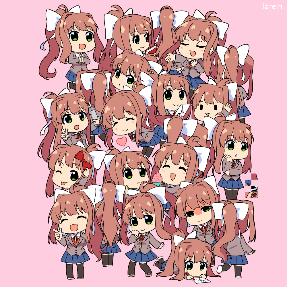 6+girls :3 :d :o ;p ^_^ artist_name black_legwear blue_skirt book bow brown_hair chibi closed_eyes commentary cupcake doki_doki_literature_club english_commentary eyebrows_visible_through_hair eyes_closed facing_away facing_viewer food glitch green_eyes hair_bow hair_ribbon heart index_finger_raised jacket lareindraws letter long_hair looking_at_another looking_at_viewer looking_away love_letter monika_(doki_doki_literature_club) multiple_girls multiple_persona one_eye_closed open_mouth pen pink_background ponytail red_bow ribbon school_uniform self_shot shaded_face simple_background skirt smile thighhighs tongue tongue_out v very_long_hair white_ribbon writing |_|