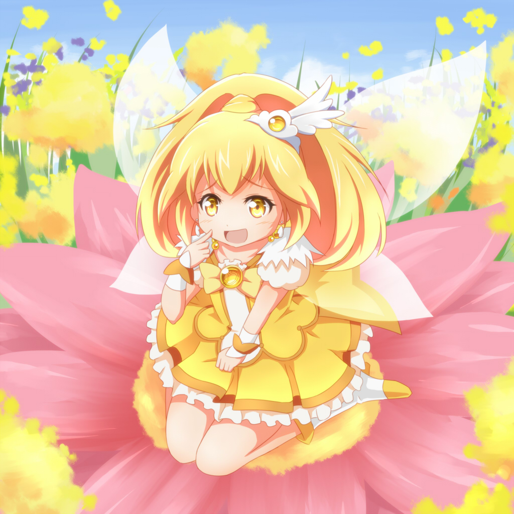 blonde_hair blush boots bow choker cure_peace dress fairy_wings flower hair_ornament kise_yayoi long_hair magical_girl on_flower ponytail precure riai_(onsen) sitting skirt smile smile_precure! solo wariza wings yellow_bow yellow_eyes yellow_skirt
