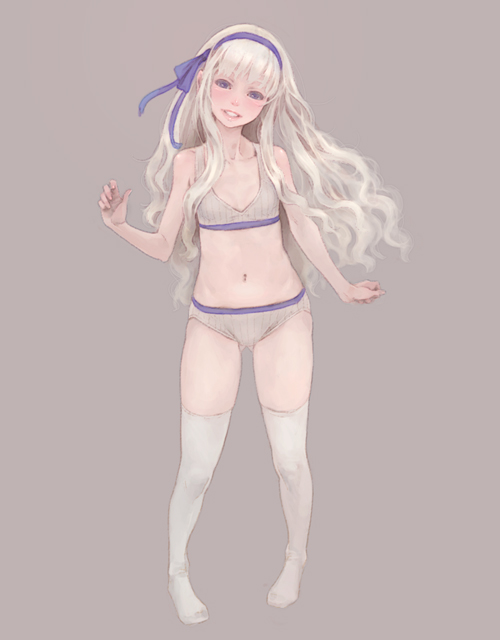 bare_shoulders blonde_hair bra breasts cleavage hair_ribbon lingerie lips long_hair looking_at_viewer navel original panties personification ribbon silver_hair simple_background small_breasts smile solo thighhighs underwear underwear_only weno white_legwear white_rollita