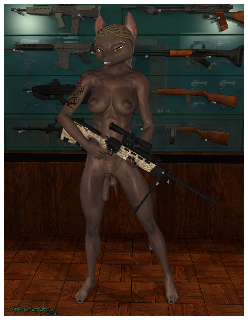 abs anthro armory assault_rifle aug balls biceps body_marking body_markings breasts canine colt_single_action_army cylinder dickgirl dog f2000 fg42 fn_fal gun herm intersex invalid_tag l85 looking_at_viewer luger m1911 m1_carbine m2_carbine mammal markings muscles nipples nude penis pistol pose ppsh-41 ranged_weapon revolver rifle scope solo steyr_aug stg44 tattoo teeth the_anthropomorphologist weapon