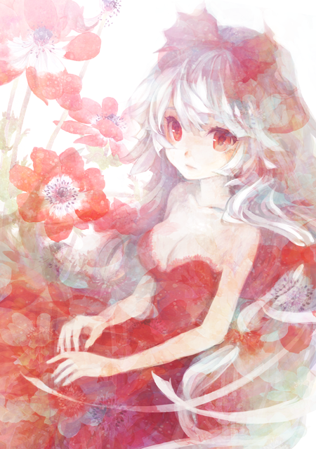 alternate_costume bonnou-s-rice bow breasts cleavage dress flower fujiwara_no_mokou hair_bow red_dress red_eyes small_breasts solo strapless strapless_dress touhou white_hair
