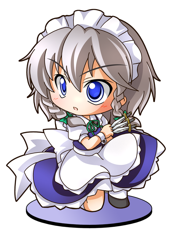 apron blue_dress blue_eyes braid chibi dress hair_ribbon izayoi_sakuya kneeling knife maid maid_headdress open_mouth ribbon shinjitsu short_hair silver_hair solo touhou twin_braids waist_apron wrist_cuffs