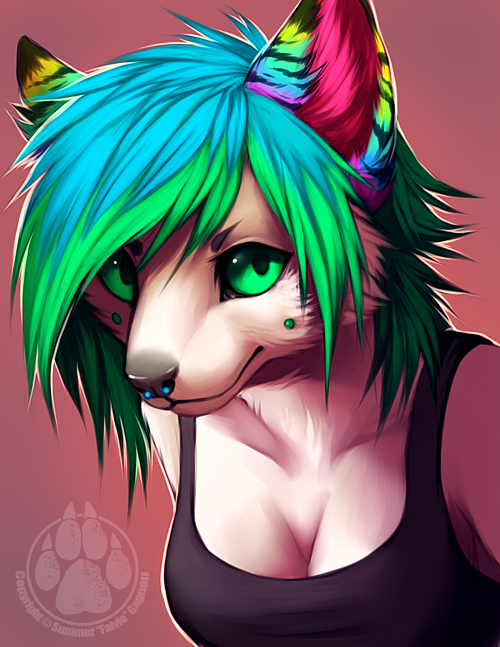 abstract_background breasts canine cleavage clothed clothing dog facial_piercing falvie female green_eyes green_hair hair looking_at_viewer mammal nose_piercing nose_ring piercing rainbow_ears shirt solo tank_top teal_hair two_tone_hair