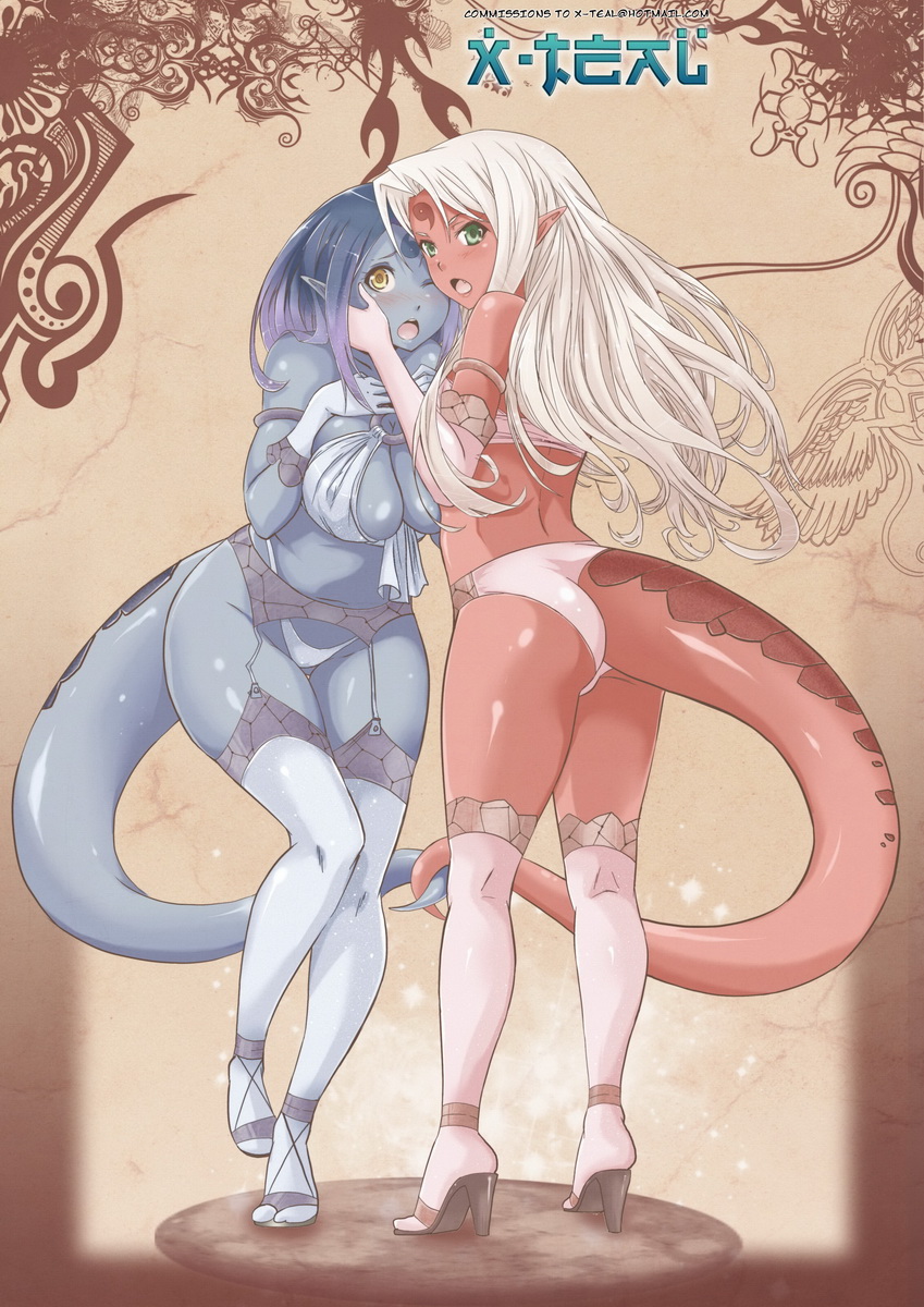 2girls ass blue_hair blue_skin breasts chains crimeglass dildo facial_mark fang forehead_mark green_eyes high_heels highres hips large_breasts legwear lingerie long_gloves medium_breasts monster_girl multicolored_hair multiple_girls red_skin shoes strap-on tail thick_thighs thighhighs thighs two-tone_hair underwear white_hair wide_hips x-teal x-teal2 yellow_eyes