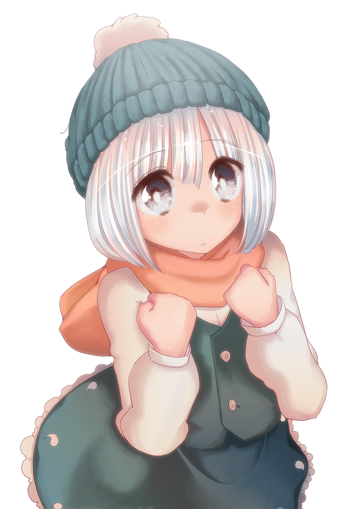 bad_id bad_pixiv_id beanie cream_(nipakupa) grey_eyes hat konpaku_youmu looking_up mittens scarf shimamura_youmu short_hair silver_hair simple_background solo touhou white_background