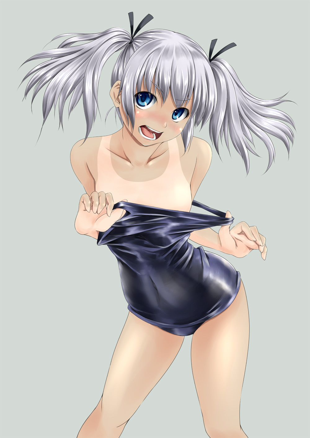 aqua_eyes bare_shoulders blush collarbone emperor_zuou grey_background hair_ribbon highres looking_at_viewer one-piece_swimsuit open_mouth original ribbon school_swimsuit shiny shiny_clothes short_hair silver_hair solo swimsuit swimsuit_pull tan tanline twintails undressing