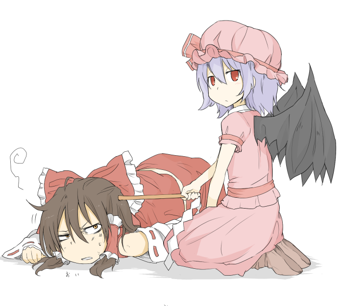 bat_wings blue_hair bow brown_eyes brown_hair detached_sleeves domination gohei hair_bow hair_tubes hakurei_reimu hat hat_ribbon jitome leash lying multiple_girls on_stomach poking red_eyes remilia_scarlet ribbon sash shirt sitting skirt skirt_set sweat touhou wings xenon_(kona-card)