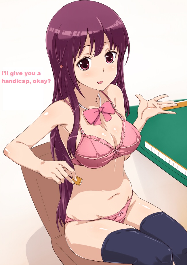 1girl bare_arms bead black_legwear bow bow_bra bow_panties bowtie bra bra_strap breasts chair female hair_ornament hard_translated holding ichihisa lingerie long_hair mahjong mahjong_tile matsumi_kuro navel open_mouth outstretched_hand panties pink_bra pink_panties purple_eyes purple_hair saki saki_achiga-hen sitting solo strip_mahjong table text thighhighs thighs translated underwear underwear_only very_long_hair