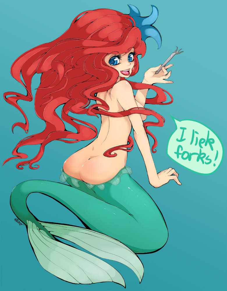 blue_eyes breasts butt female fish_tail fork hair looking_at_viewer mermaid no_feet red_hair side_boob slugbox solo the_little_mermaid