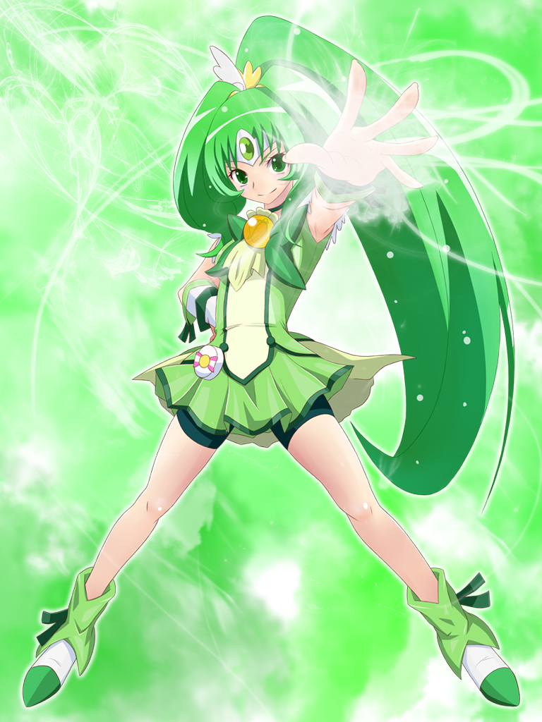 bike_shorts boots choker cure_march green green_choker green_eyes green_hair green_shorts green_skirt hand_on_hip high_heels long_hair magical_girl midorikawa_nao nouto outstretched_arm ponytail power precure shoes shorts shorts_under_skirt skirt smile smile_precure! solo standing tiara tri_tails very_long_hair wind wrist_cuffs