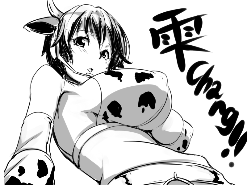 animal_ears animal_print breasts clearite covered_nipples cow_ears cow_girl cow_horns cow_print from_below greyscale headset horns idolmaster idolmaster_cinderella_girls large_breasts looking_at_viewer looking_down monochrome oikawa_shizuku short_hair solo white_background