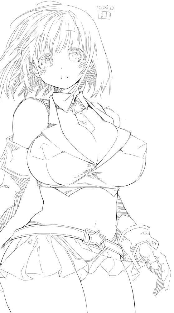 breasts cameltoe cleavage crop_top curvy fantasy_earth_zero fbc greyscale large_breasts midriff miniskirt monochrome navel open_clothes open_shirt panties plump see-through shirt skirt solo underwear