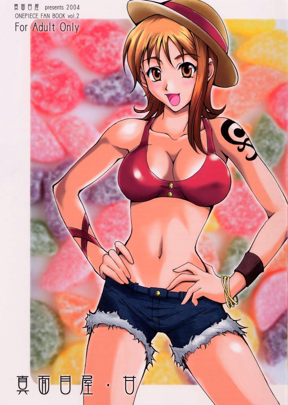 :d bangle blush bracelet breasts brown_eyes cleavage collarbone cosplay cover cover_page cutoffs denim denim_shorts doujinshi hands_on_hips hat highres isao jewelry large_breasts looking_at_viewer monkey_d_luffy monkey_d_luffy_(cosplay) nami_(one_piece) navel one_piece open_mouth orange_hair short_hair shorts skinny smile solo straw_hat tattoo