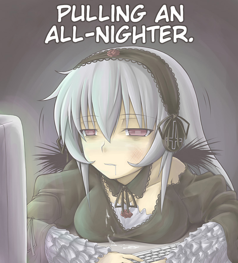 computer crazy_developers dress hard_translated rozen_maiden saliva silver_hair sleepy solo suigintou translated wings