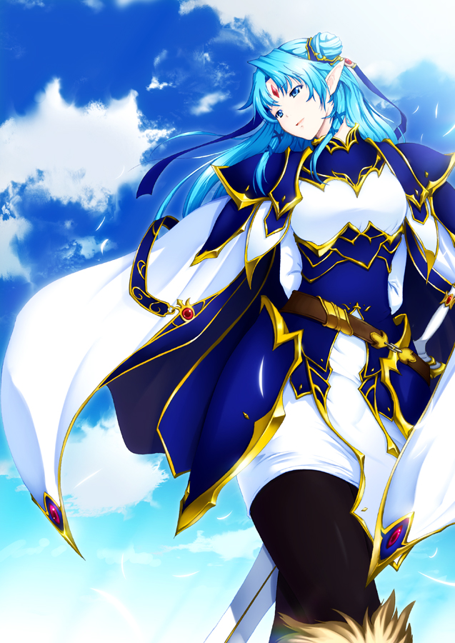 aqua_eyes aqua_hair belt black_legwear blue_sky cape cloud cloudy_sky commentary_request day fantasy faulds forehead_jewel from_below gold_trim gradient_sky hair_bun hair_ornament halcyon long_hair original outdoors parted_lips pauldrons pointy_ears remedia_kalar sky smile solo sword thighhighs toushin_toshi_iii weapon