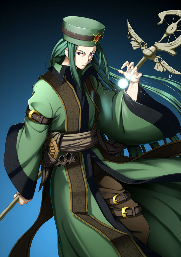 energy_ball green_hair halcyon long_hair male_focus original pants purple_eyes robe solo staff