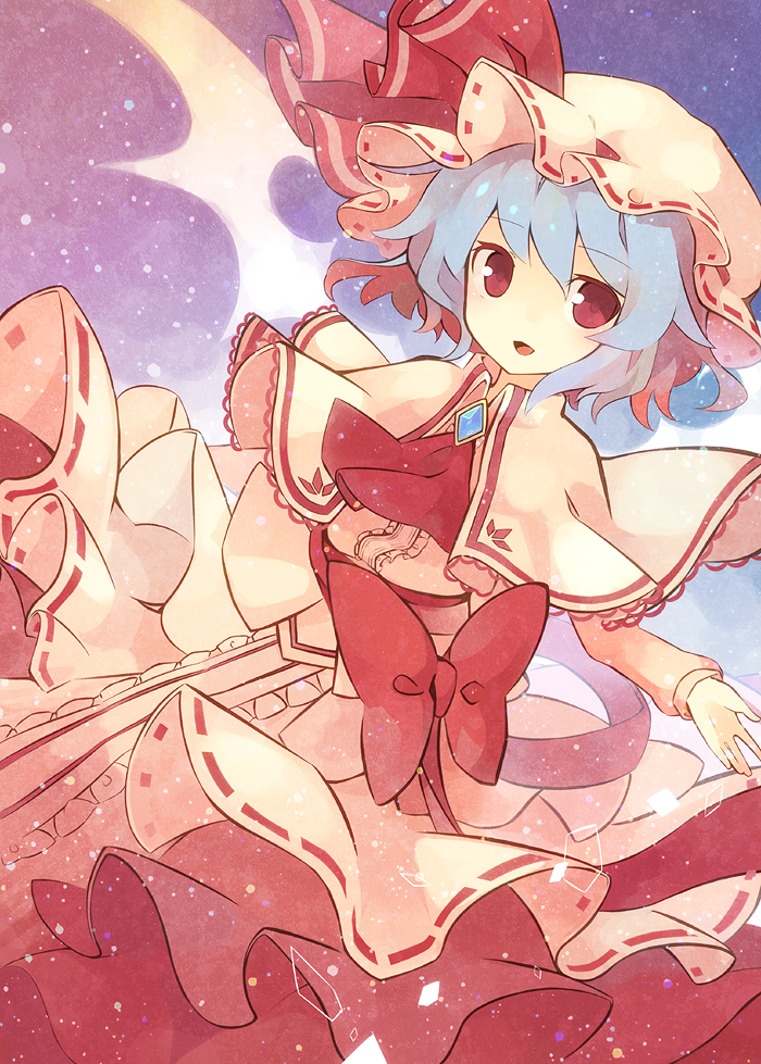 :d blue_hair capelet dress fuiyu_(feuille0818) hat open_mouth red_eyes remilia_scarlet smile solo touhou wings