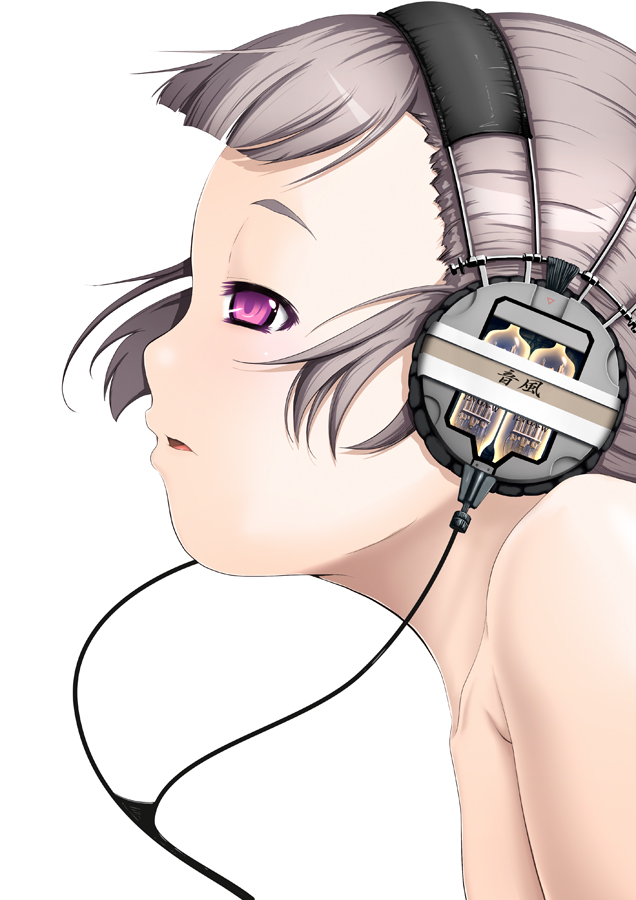 bare_shoulders grey_hair halcyon headphones original parted_lips profile purple_eyes simple_background solo vacuum_tube