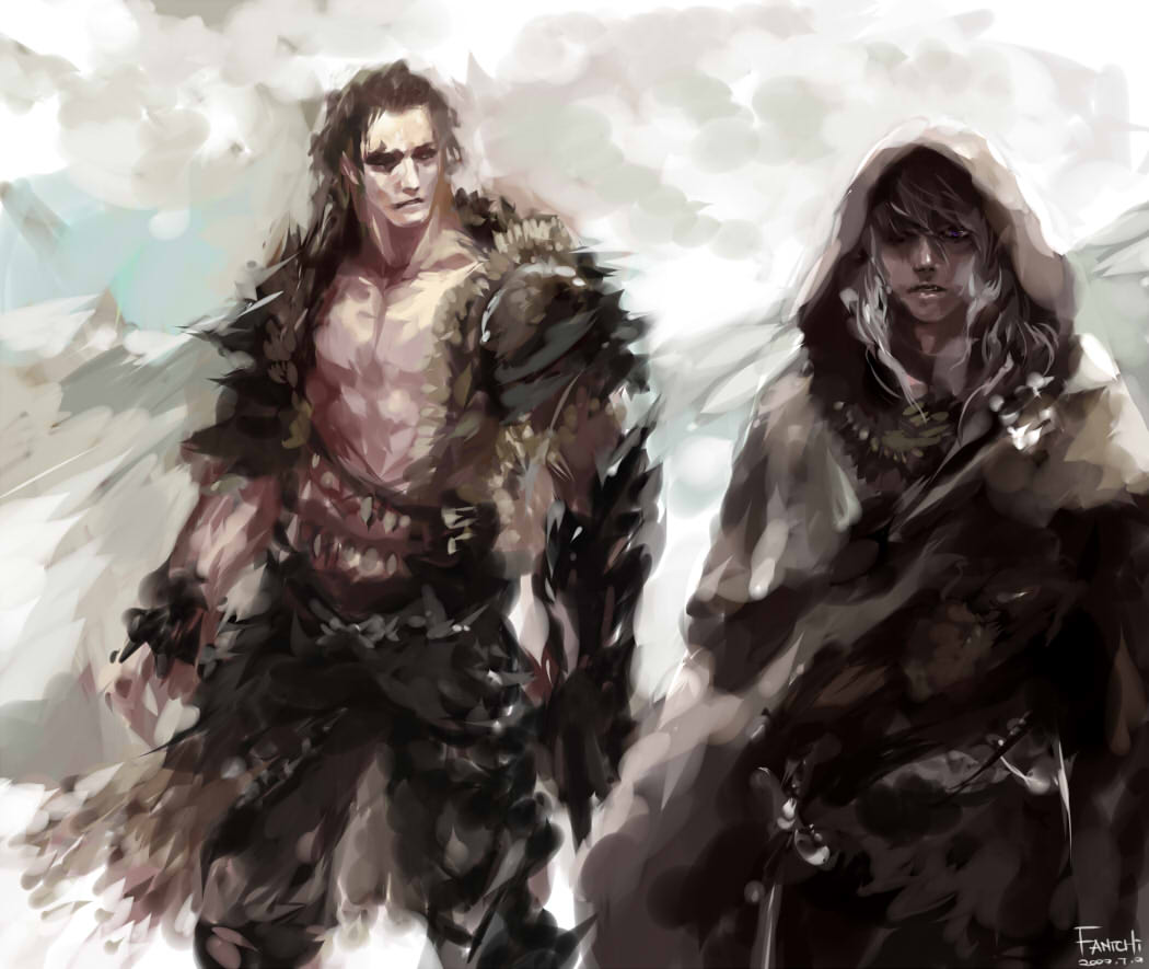 brown_hair cape dark_skin dark_skinned_male drizzt_do'urden dungeons_and_dragons fantchi faux_traditional_media mountain multiple_boys snow white_hair wulfgar