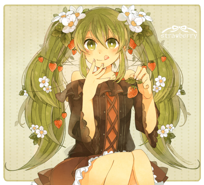 :q bare_shoulders flower food food_themed_hair_ornament fruit green_eyes green_hair hair_flower hair_ornament hatsune_miku long_hair shiroroko sitting skirt smile solo strawberry strawberry_blossoms strawberry_hair_ornament tongue tongue_out twintails vocaloid