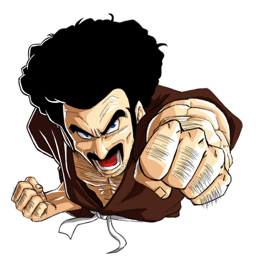 afro black_hair blue_eyes clenched_hands dougi dragon_ball dragon_ball_z eyebrows facial_hair fighting_stance male_focus mr._satan mustache punching solo thick_eyebrows water_blue