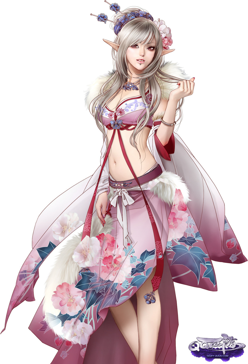 bracelet detached_sleeves elf hair_ornament halter_top halterneck highres jewelry lip_piercing lips long_hair meng_li midriff navel piercing pointy_ears qq_xi_you red_eyes silver_hair simple_background solo standing watermark white_background zhang_xiaobai