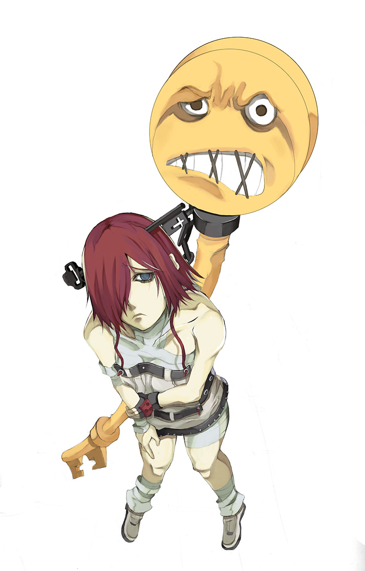 a.b.a angry bandages blood blue_eyes chain fingerless_gloves gloves guilty_gear hair_over_one_eye key key_in_head looking_at_viewer pale_skin paracelsus pos pout red_hair short_hair shorts solo