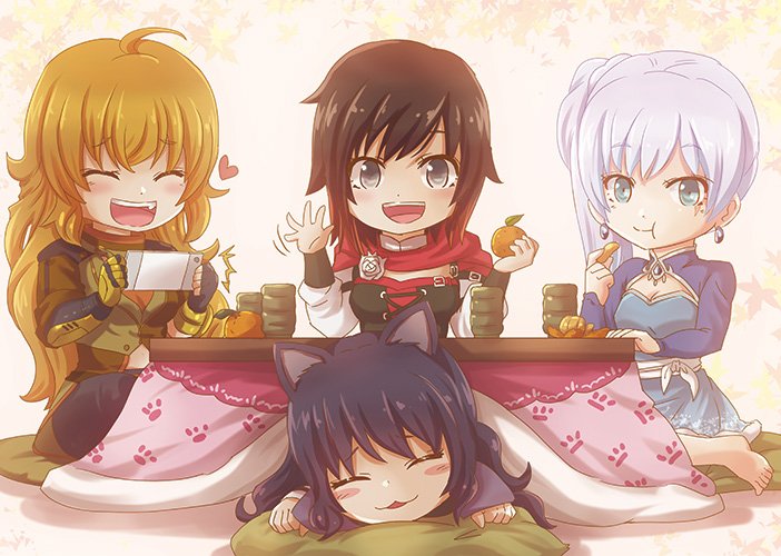 4girls :3 :d :t animal_ears barefoot black_dress black_gloves black_hair black_pants blake_belladonna blonde_hair blue_sleeves blush cape cat_ears dress earrings eating fang fingerless_gloves flower food fruit game_console gloves gradient_hair green_eyes heart holding holding_food holding_fruit jewelry kotatsu long_hair long_sleeves looking_at_viewer lying mandarin_orange moai_(moai_world) multicolored_hair multiple_girls on_stomach open_mouth pants paw_print pillow red_cape red_hair rose ruby_rose rwby short_dress short_hair shrug_(clothing) side_ponytail silver_hair sitting smile table two-tone_hair under_kotatsu under_table very_long_hair waving weiss_schnee white_flower white_rose yang_xiao_long