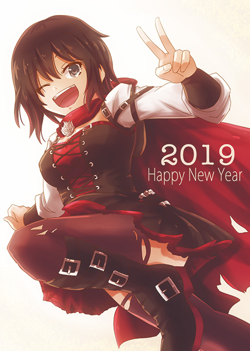 1girl 2019 ;d black_dress black_footwear black_hair black_legwear breasts brown_eyes cape detached_sleeves dress flower happy_new_year leg_up long_sleeves looking_at_viewer medium_breasts moai_(moai_world) new_year one_eye_closed open_mouth pleated_dress red_cape rose ruby_rose rwby short_dress short_hair simple_background sleeveless sleeveless_dress smile solo standing standing_on_one_leg strapless strapless_dress thigh_strap torn_clothes torn_legwear v white_background white_flower white_rose white_sleeves