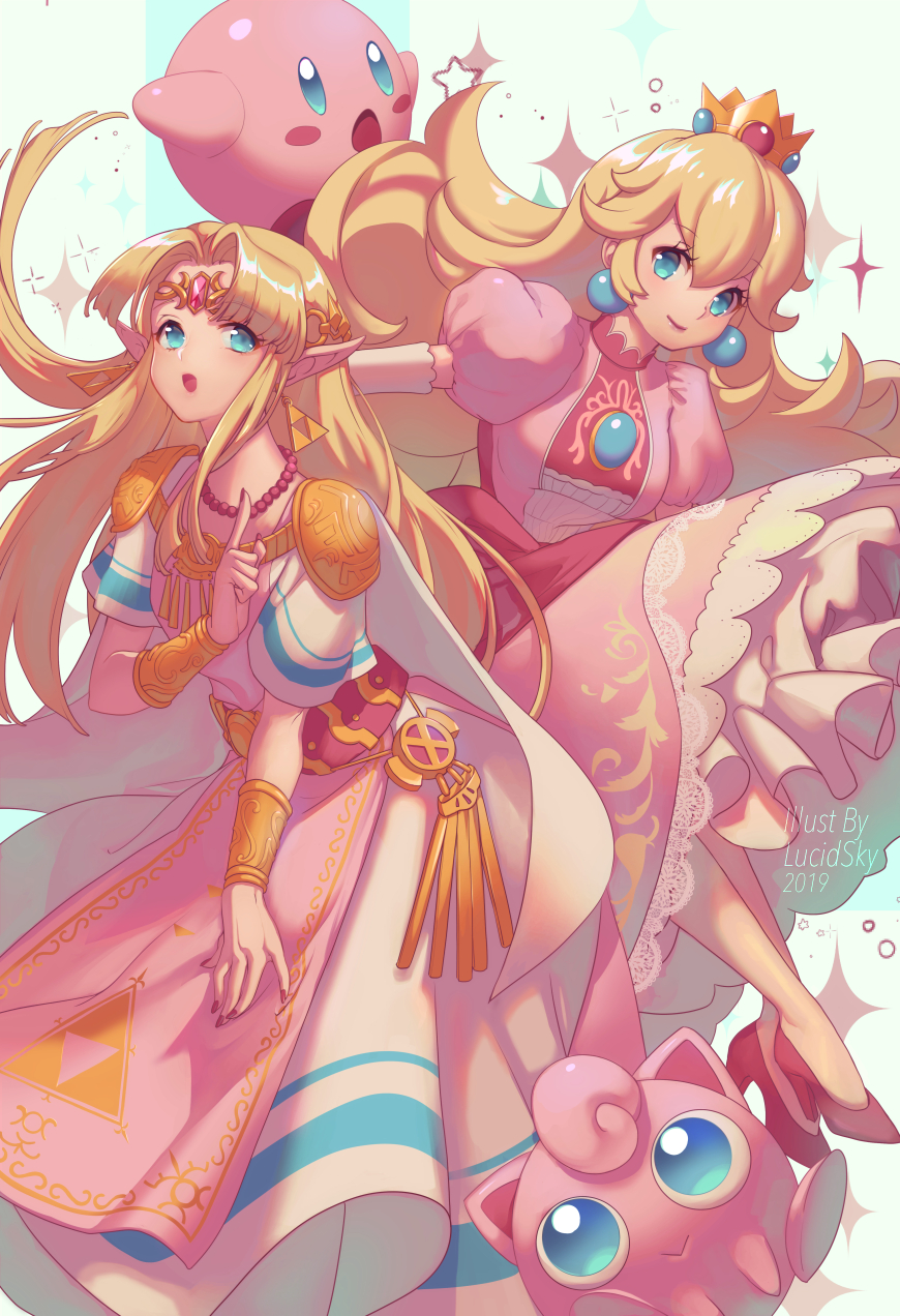2019 2girls :&gt; artist_name bead_necklace beads belt blue_eyes bracer cape creatures_(company) crown dress earrings elbow_gloves game_freak gen_1_pokemon gloves high_heels highres index_finger_raised jewelry jigglypuff kirby kirby_(series) long_hair looking_at_viewer mario_(series) mini_crown multiple_girls nail_polish necklace nintendo open_mouth pink_dress pink_footwear pink_nails pointy_ears pokemon princess_peach princess_zelda puffy_short_sleeves puffy_sleeves short_sleeves shoulder_armor sparkle star super_mario_bros. super_smash_bros. super_smash_bros._ultimate the_legend_of_zelda tiara white_gloves yume_ou