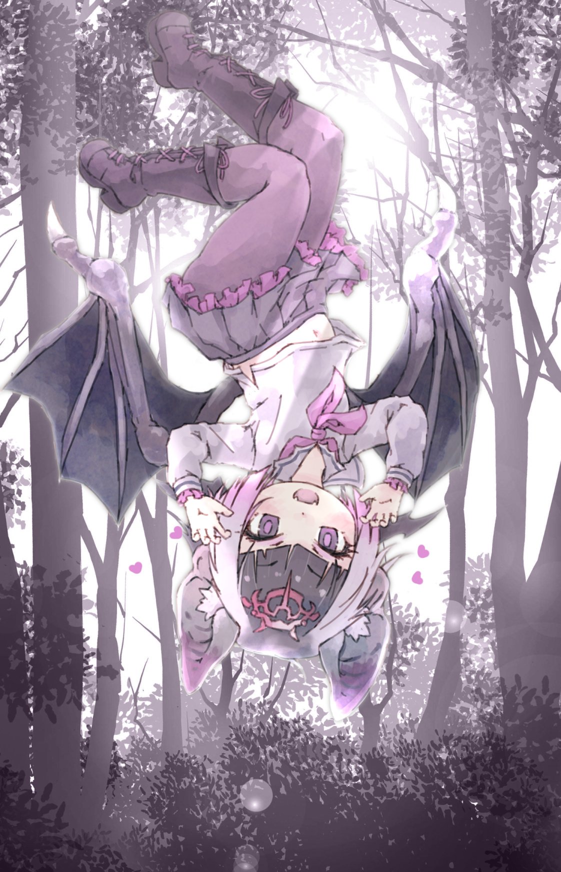 1girl :d animal_ears backlighting bangs bat_ears bat_wings black_hair black_skirt blunt_bangs boots bush claw_pose commentary_request common_vampire_bat_(kemono_friends) cross-laced_footwear eyebrows_visible_through_hair fangs frilled_skirt frilled_sleeves frills full_body gradient_hair heart highres kemono_friends knee_boots kolshica long_sleeves looking_at_viewer midriff_peek multicolored_hair navel open_mouth outdoors pantyhose pink_hair pink_neckwear pleated_skirt purple_eyes sailor_collar short_hair skirt smile solo tree upside-down v-shaped_eyebrows white_hair wings