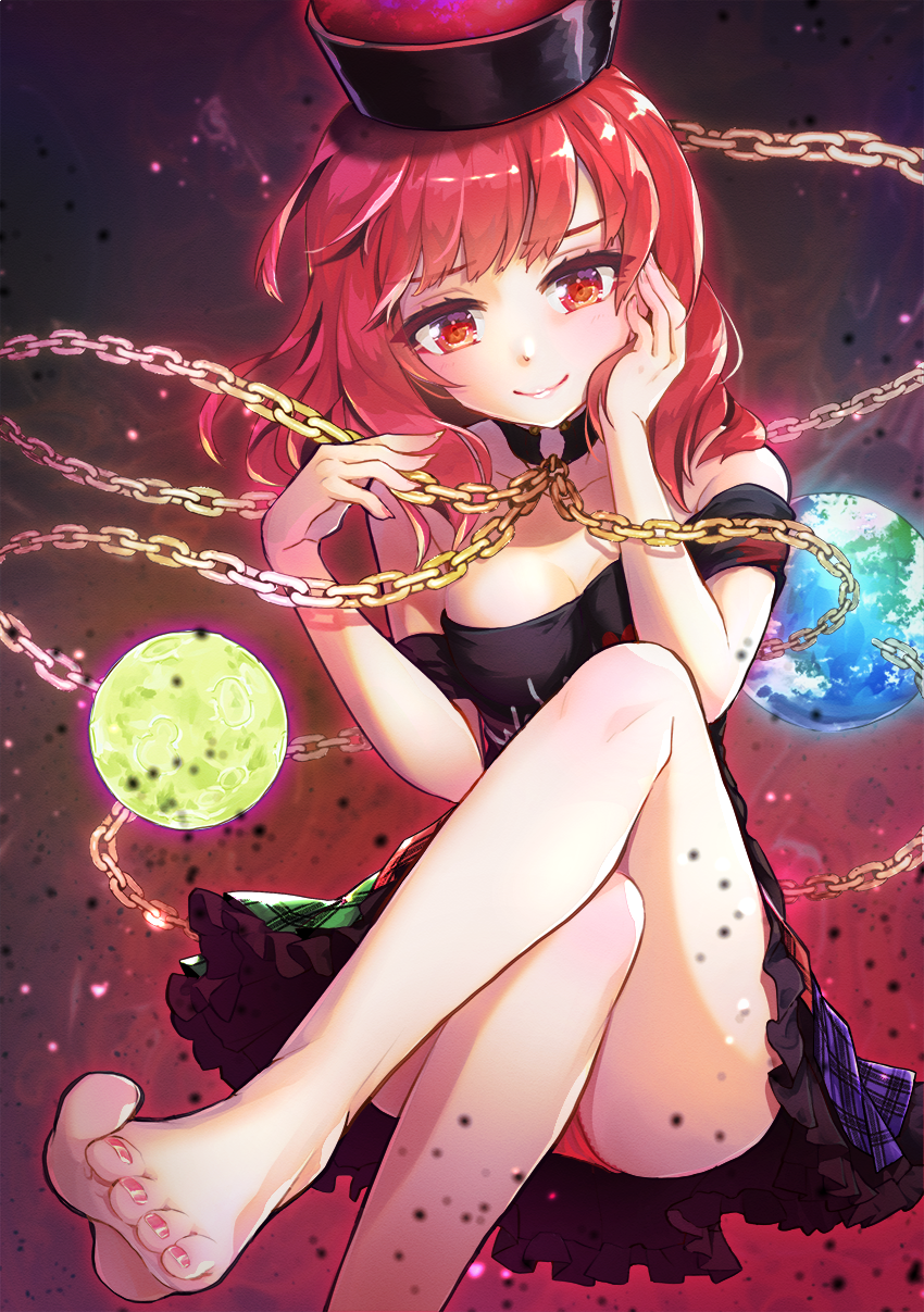 1girl ass bare_legs bare_shoulders barefoot black_choker breasts chain chains choker cleavage commentary_request earth_(ornament) feet fingernails gold_chain hand_on_own_cheek hecatia_lapislazuli highres looking_at_viewer medium_breasts medium_hair moon_(ornament) multicolored multicolored_clothes multicolored_skirt nail_polish off-shoulder_shirt off_shoulder panties pantyshot plaid plaid_skirt polos_crown red_panties shirt skirt smile solo syuri22 thighs toenail_polish touhou underwear