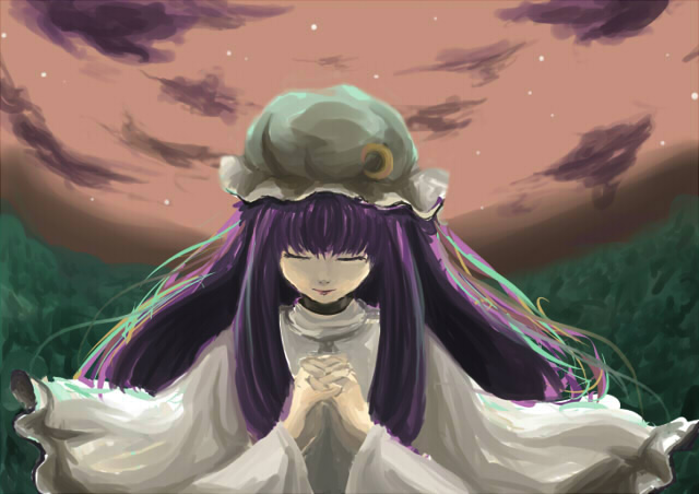 capelet closed_eyes closed_mouth dress fechirin frills hat long_hair mob_cap own_hands_together patchouli_knowledge purple_hair solo touhou upper_body very_long_hair white_dress wind