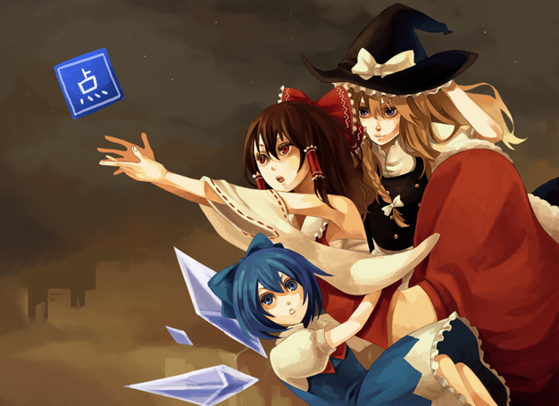 apron bad_id bad_pixiv_id bangs blonde_hair blue_dress blue_eyes blue_hair bow braid brown_hair building buttons cirno cloud d: detached_sleeves detached_wings dress frilled_bow frills gameplay_mechanics girl_sandwich hair_between_eyes hair_bow hair_tubes hakurei_reimu hand_on_headwear hat hat_bow hug ice ice_wings kirisame_marisa long_hair midriff multiple_girls night night_sky open_mouth outstretched_arms power-up puffy_short_sleeves puffy_sleeves reaching red_bow red_eyes red_ribbon red_skirt ribbon ribbon-trimmed_sleeves ribbon_trim riku_(wana) sandwiched sarashi short_sleeves side_braid single_braid skirt skirt_set sky star_(sky) touhou upskirt white_apron white_bow wide_sleeves wings witch_hat yellow_eyes