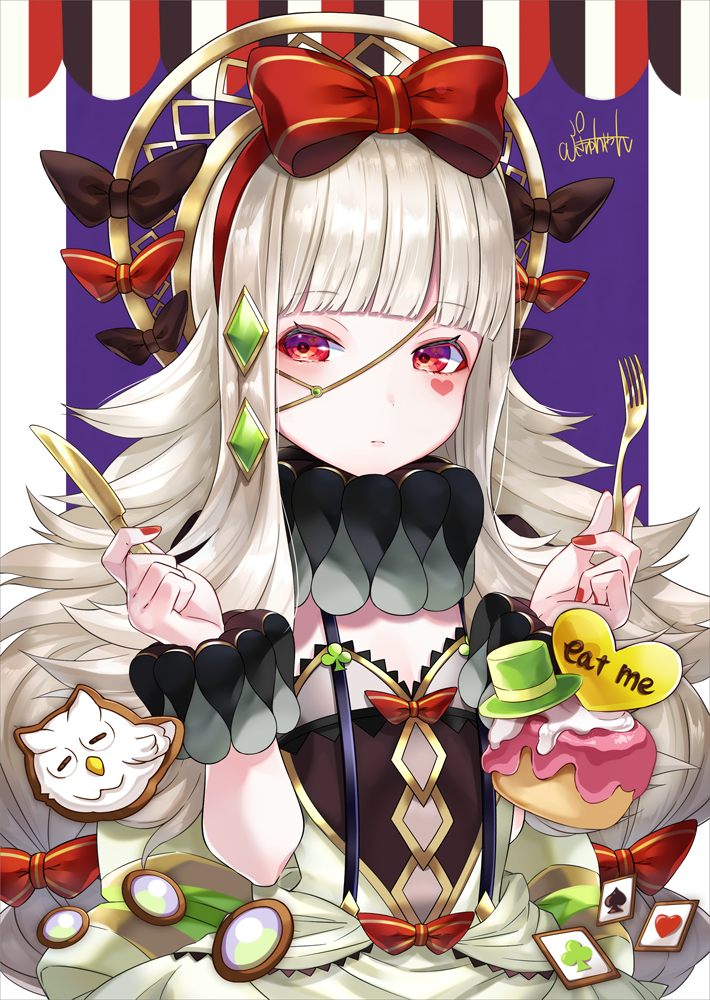1girl alice_in_wonderland alternate_costume bangs black_bow blunt_bangs blush bow cake closed_mouth club_(shape) commentary_request diamond_(shape) diamond_hair_ornament dress eyebrows_visible_through_hair fire_emblem fire_emblem_heroes food fork hair_bow hair_ornament hands_up heart knife lips long_hair looking_at_viewer nail_polish nintendo red_bow red_eyes red_nails ringozaka_mariko solo spade_(shape) upper_body veronica_(fire_emblem) wrist_cuffs