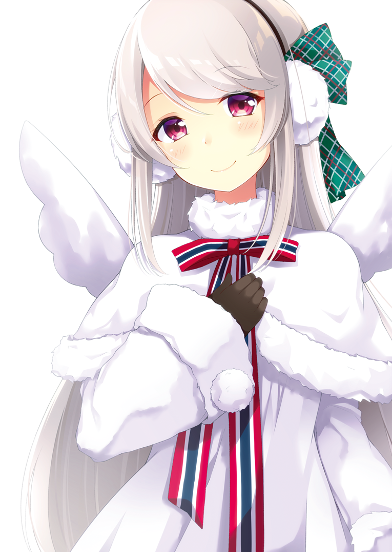 1girl blush bow brown_gloves capelet closed_mouth commentary dress earmuffs elu_(nijisanji) fur-trimmed_capelet fur-trimmed_sleeves fur_trim gloves green_bow grey_hair hair_bow head_tilt long_hair long_sleeves maccha nijisanji red_bow red_eyes red_ribbon ribbon simple_background smile solo striped striped_bow striped_ribbon upper_body very_long_hair virtual_youtuber white_background white_capelet white_dress white_wings wide_sleeves wings