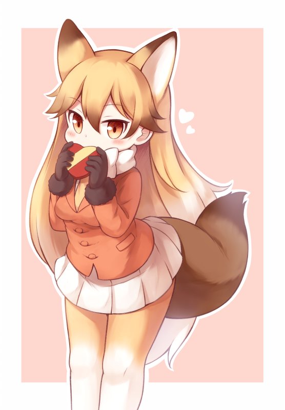 1girl animal_ears black_gloves blazer blonde_hair blush bow bowtie box buttons chocolate commentary covering_mouth extra_ears eyebrows_visible_through_hair ezo_red_fox_(kemono_friends) fox_ears fox_tail fur-trimmed_sleeves fur_trim gift gift_box gloves heart holding_object jacket kemono_friends leaning_forward long_hair long_sleeves matsuu_(akiomoi) multicolored_hair orange_eyes orange_jacket orange_legwear outline pantyhose plaid plaid_skirt pocket red_background simple_background skirt solo standing streaked_hair tail white_hair white_legwear white_neckwear white_outline white_skirt