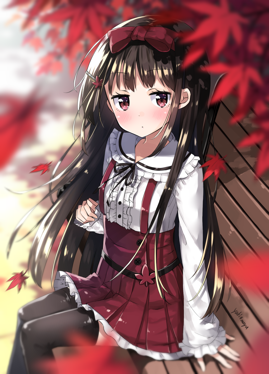 1girl arm_support autumn_leaves bangs bench black_hair black_legwear black_neckwear blurry blurry_foreground blush bow collared_shirt commentary_request day depth_of_field eyebrows_visible_through_hair frilled_shirt_collar frilled_skirt frills from_above hair_bow hair_ornament hairclip hand_up highres leaf leaf_hair_ornament long_hair long_sleeves looking_at_viewer maple_leaf miniskirt neck_ribbon original outdoors park_bench parted_lips pleated_skirt red_bow red_eyes red_skirt ribbon shiny shiny_hair shirt sidelocks sitting skirt sleeves_past_wrists solo thighhighs white_shirt yaki_mayu zettai_ryouiki