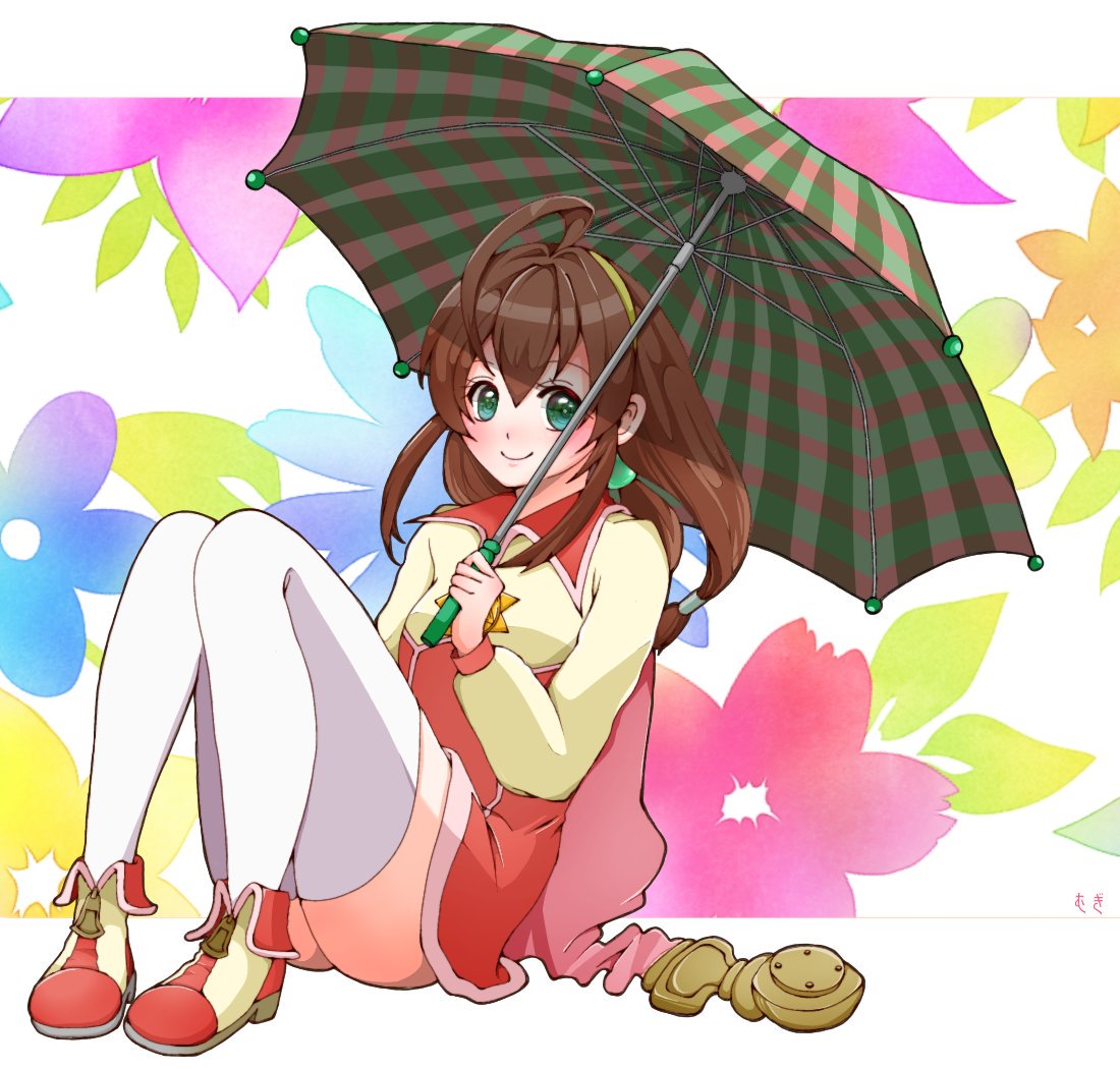 1girl ahoge ass breasts brown_hair cape coat commentary_request flower green_eyes hair_ornament hairband holding holding_umbrella lilka_eleniak long_hair long_sleeves looking_at_viewer low-tied_long_hair plaid plaid_umbrella sidelocks smile solo thighhighs umbrella upper_body wild_arms wild_arms_2 yellow_hairband