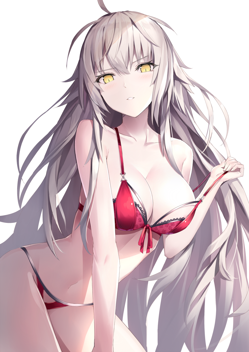 :&lt;&gt; ahoge all_fours bangs blush bra bra_tug breasts check_commentary cleavage commentary commentary_request eyebrows_visible_through_hair fate/grand_order fate_(series) highres jeanne_d'arc_(alter)_(fate) jeanne_d'arc_(fate)_(all) large_breasts lingerie long_hair looking_at_viewer messy_hair navel open_mouth panties red_bra red_panties rin_yuu sidelocks silver_hair simple_background smile solo stomach tsurime underwear underwear_only white_background yellow_eyes