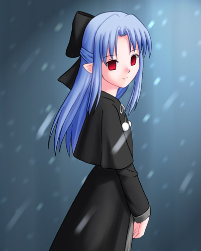 artist_request blue_hair half_updo len lowres melty_blood pointy_ears red_eyes solo tsukihime