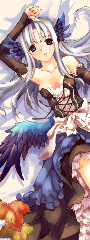 arm_up blue_dress blue_wings breasts cleavage corset dress from_above gwendolyn hair_down long_hair looking_at_viewer lying medium_breasts mizuhara_mei odin_sphere on_back purple_eyes silver_hair solo strapless strapless_dress thighs wings