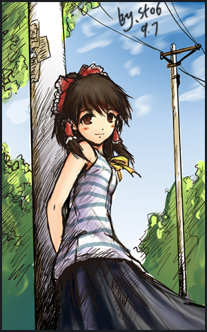 against_tree alternate_costume arms_behind_back bare_shoulders casual contemporary day hair_tubes hakurei_reimu lowres power_lines sky smile solo st06 touhou tree
