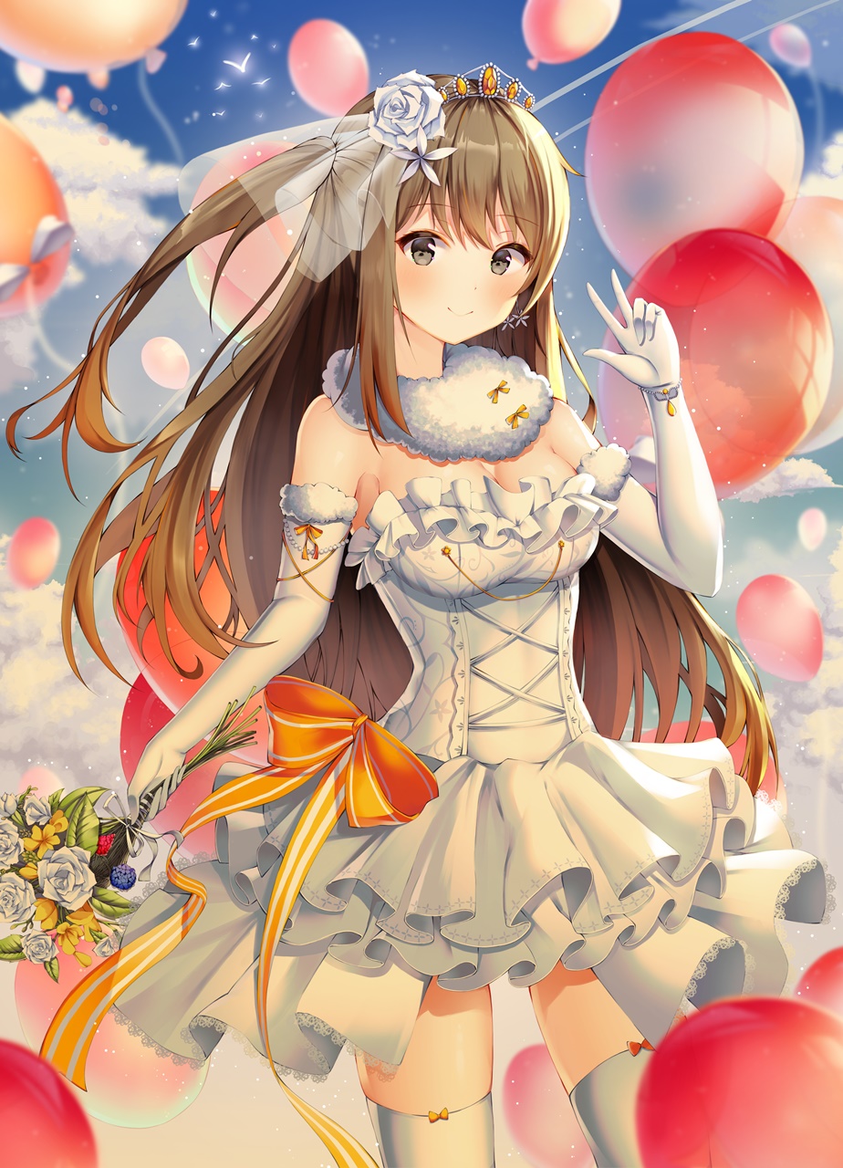 armlet balloon bangs bare_shoulders blush bouquet bow bracelet breasts bridal_veil bride brown_eyes brown_hair cleavage collarbone commentary dress earrings elbow_gloves eyebrows_visible_through_hair flower fur-trimmed_gloves fur_trim girls_frontline gloves hair_flower hair_ornament hairclip highres holding holding_bouquet jewelry k-2_(girls_frontline) kotomaru_(sirouko9511) light_particles long_hair looking_at_viewer medium_breasts ribbon rose sidelocks smile solo sparkle strapless strapless_dress thighhighs tiara veil w wedding_dress white_dress white_flower white_gloves white_legwear white_rose