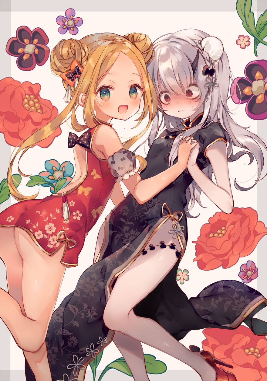 3: :d @_@ abigail_williams_(fate/grand_order) alternate_costume ana_(rznuscrf) ass backless_dress backless_outfit bangs black_bow black_dress blonde_hair blue_flower blush bow braid brown_eyes bun_cover china_dress chinese_clothes commentary_request double_bun dress fate/grand_order fate_(series) flower forehead green_eyes hair_bow hair_bun highres holding_hands horn interlocked_fingers lavinia_whateley_(fate/grand_order) looking_at_viewer looking_to_the_side multiple_girls nose_blush open_mouth orange_bow parted_bangs pelvic_curtain polka_dot polka_dot_bow purple_flower red_dress red_flower short_dress short_sleeves side_braid silver_hair sleeveless sleeveless_dress smile