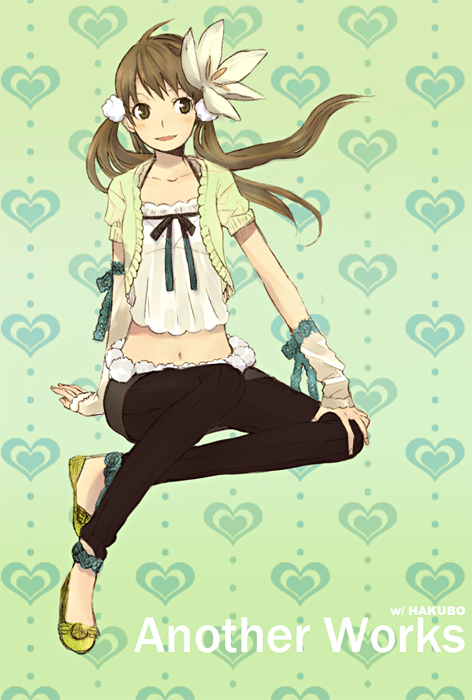 :d ahoge ankle_scrunchie arm_warmers bangs black_legwear blouse brown_eyes brown_hair cardigan collarbone crop_top fashion flats flower fur_trim green_background hair_flower hair_ornament halter_top halterneck hand_on_hip heart heart_background invisible_chair leggings midriff navel neck_ribbon open_mouth original ribbon scrunchie short_sleeves sitting smile solo twintails white_blouse white_flower yellow_footwear yoshito