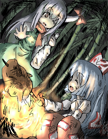 campfire cooking fire fujiwara_no_mokou inuinu_(project_october) kamishirasawa_keine lowres multiple_girls oekaki touhou